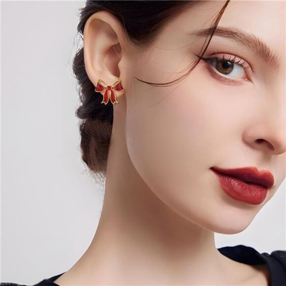 Red Bow Earrings | 18K Gold Plated Studs | Shiny Oil Drop Finish - Picture 2 of 7